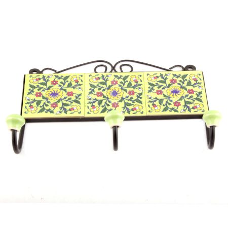 Yellow And Forest Green Floral Tiles Hooks